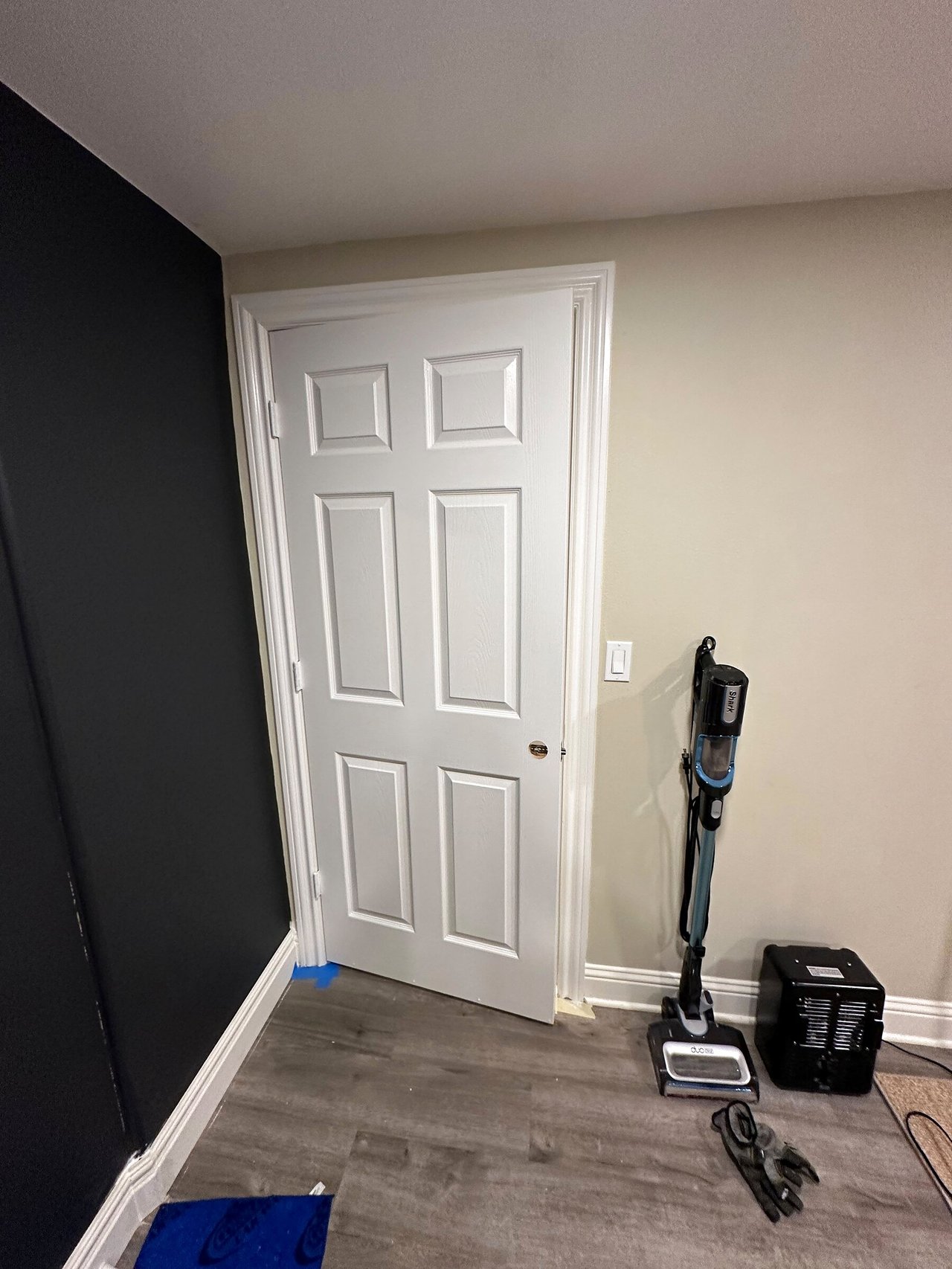 White panel door installed in a hallway with a door closer
