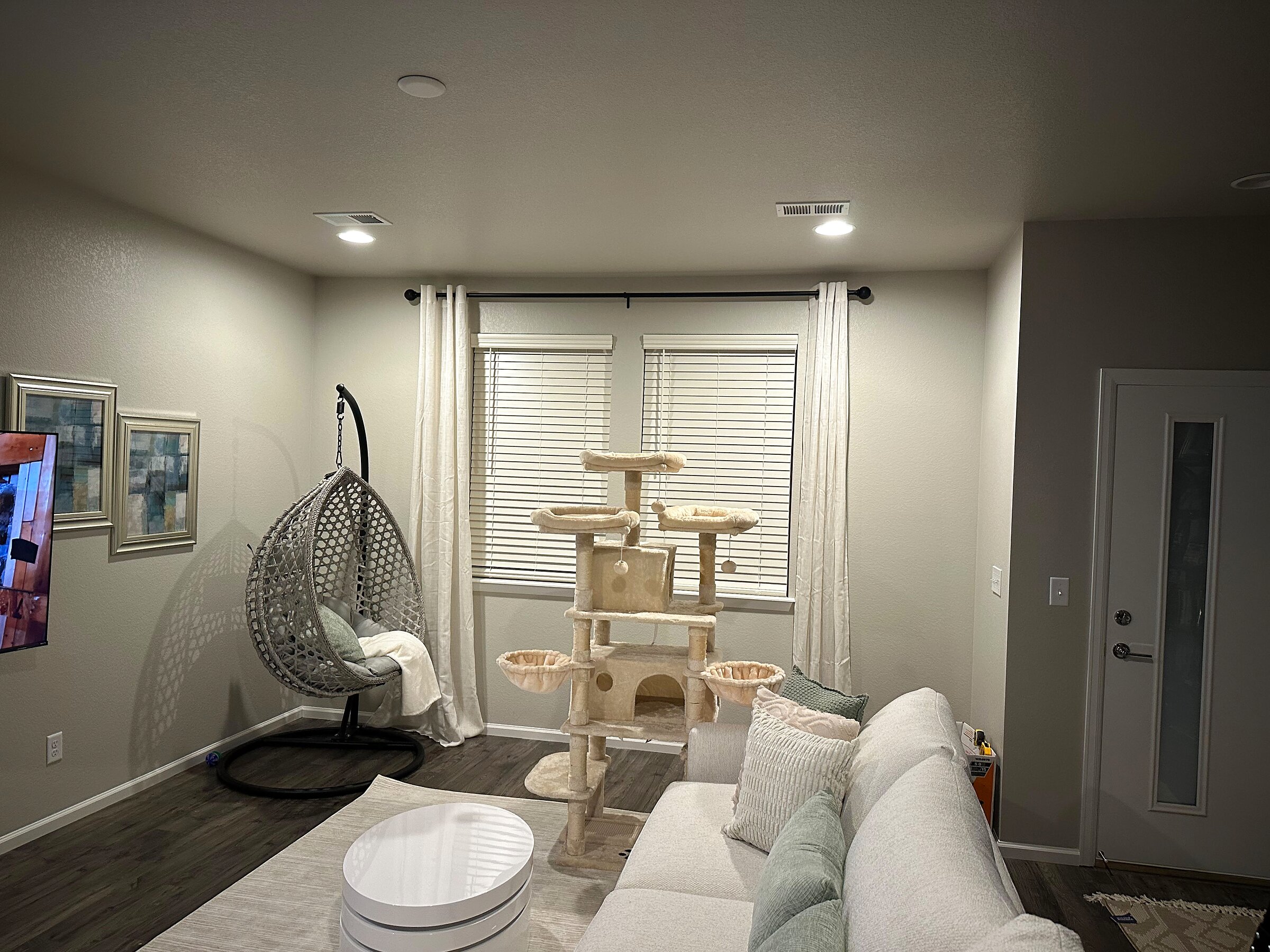 Living room corner with a hanging egg chair, a cat tree and a curtained window