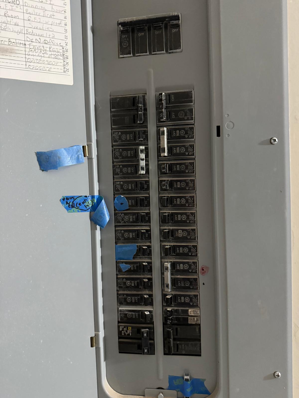 Labeled breaker panel with circuits tagged and shut off before working on the lighting circuits